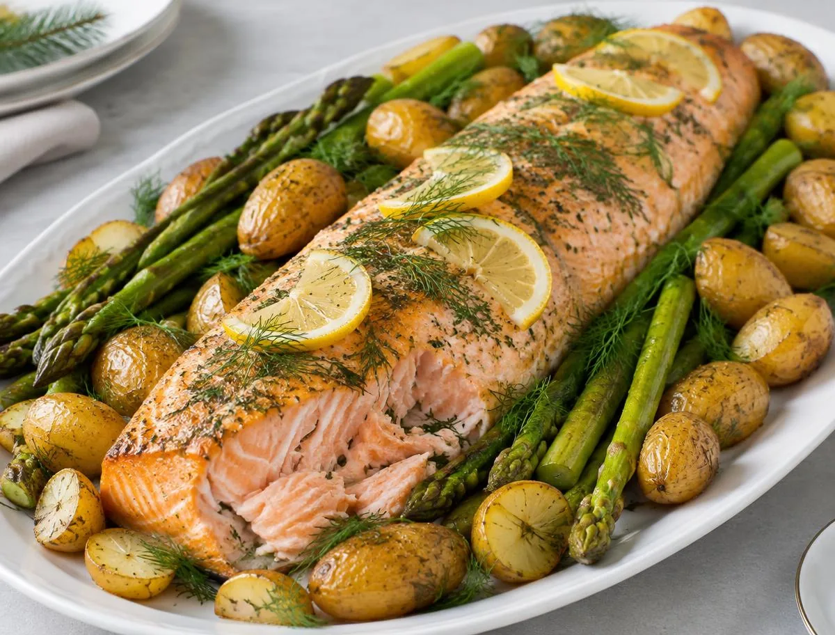 Feestelijke zalm met citroen, dille en groene asperges